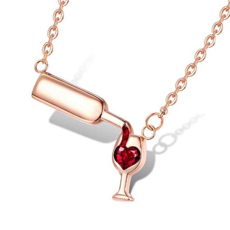 Wine Bottle & Glass Necklace (Zirconia)